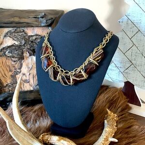 Amber Colored Acrylic Beads set in a Woven Gold Tone Chain